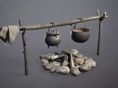 Bonfire with Medieval Hanging Cauldrons  Low-poly 3D model