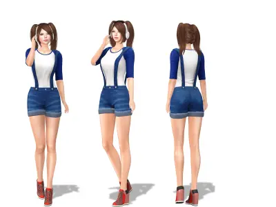 Cute Shorts Coverall With Tshirt Under Low-poly 3D model