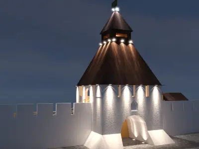 Kazan wooden tower at night Low-poly 3D model