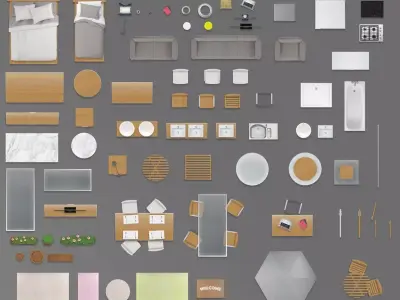 2d furniture floorplan top view PSD 3D model render realistic 3D model