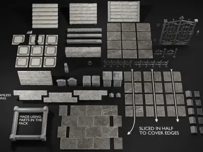 modular street construction in steampunk gothic style Low-poly 3D model