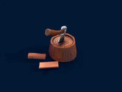 Stylized Stump and Axe Low-poly 3D model