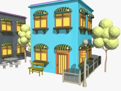 Cartoon Scene with TwoColorful  Houses Low-poly 3D model