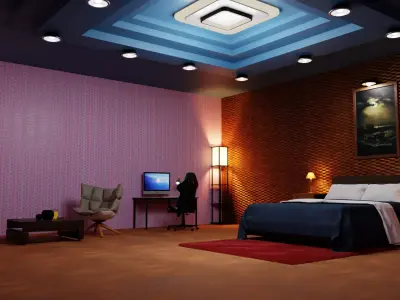 Bedroom with walls and ceiling Low-poly 3D model