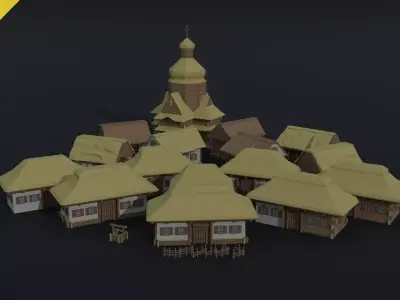 Cartoon medieval Ukraine village asset Polygonal Style 3D Model Pack