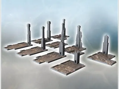 Set of nine urban brick chimneys with roof 4 - Modern WW2 WW1 Wo 3D print model