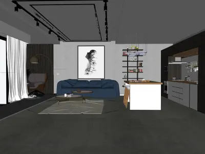 Livingroom with Kitchen 3D model 3D model