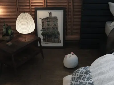 The Room attic bedroom with lights and bed Low-poly 3D model