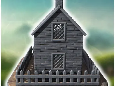 Intact wooden house with a picket fence front porch and a chimne 3D print model