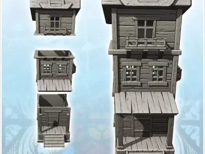 Two-storey medieval wooden building with platform entrance and c 3D print model
