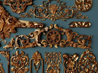 Collection of gold wall decorations Low-poly 3D model