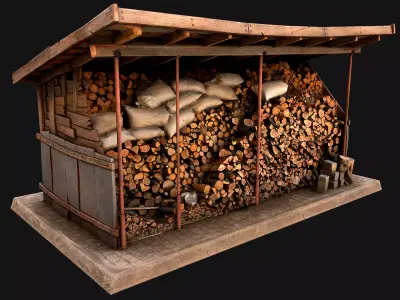 Fire Wood Storage Shelters Medieval Barn Warehouse Low-poly 3D model