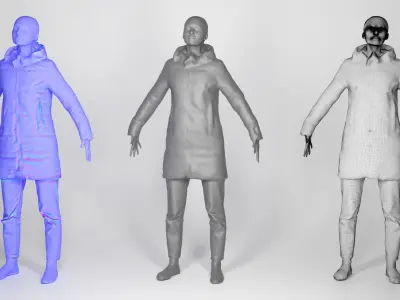 Young woman in a black down jacket in A-pose 165 Low-poly 3D model