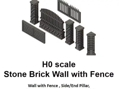 Stone Brick Wall with Fences - H0 Scale 3D print model