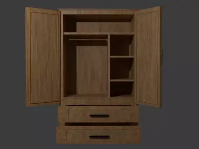 Realistic Wooden Wardrobe 3D Model Openable Doors and Drawers Low-poly 3D model