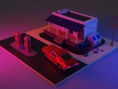 70-s  gas station by the road Low-poly 3D model