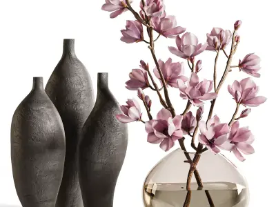 White Magnolia in Glass Vase 3D model