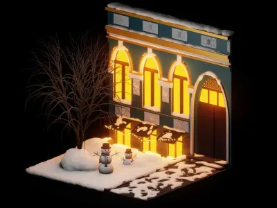 Night Snow Street City in Kiev Winter Light Scene Low-poly 3D model