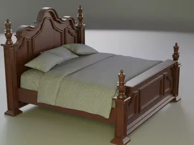 Vintage Wooden Bed with Patterned Bedding Low-poly 3D model