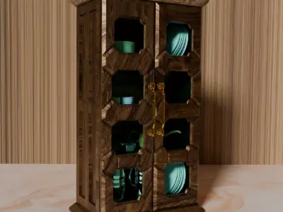 3D Model of Kitchen Crockery Cupboard with Crockery Set Low-poly 3D model