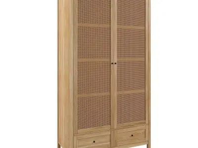 Gabin 2-door Solid Pine And Rattan Wardrobe 3D model