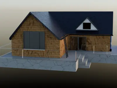 House with blue roofs and wooden walls and concrete flooring Low-poly 3D model