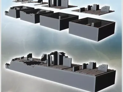 Ruined brick wall with collapsed wooden floor and broken stone f 3D print model