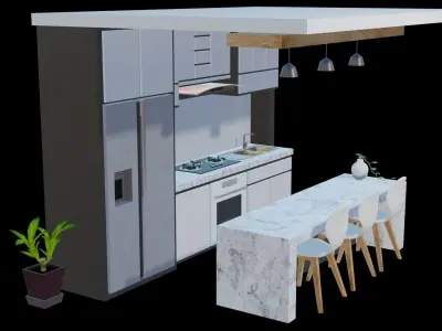white modern design kitchen with lights - blender eevee Low-poly 3D model