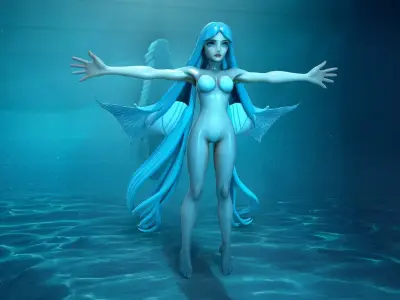 Aquatic Fairy with Turquoise Hair Low-poly 3D model