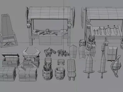 Low Poly Medieval Blacksmith Market Stall Weapon Shop Asset Pack 3D model