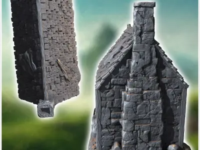 Medieval house with half-timbered walls tiled roof and fireplace 3D print model