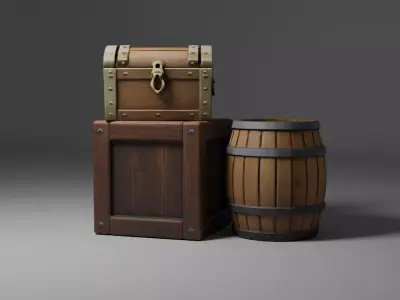 Wooden box chest and barrel set Free 3D model