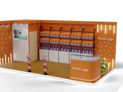 Compact pet food display booth with orange branding accents 3D model