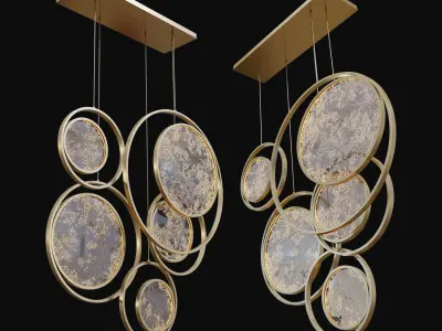 Moon Collection chandelier with gold circles hanging from it 3D model