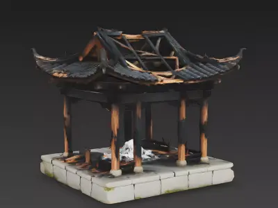 Burnt-Out Chinese Temple Pavilion 3D Model Low-poly 3D model