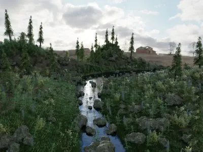 Scene grassy area with stream and trees 3D model