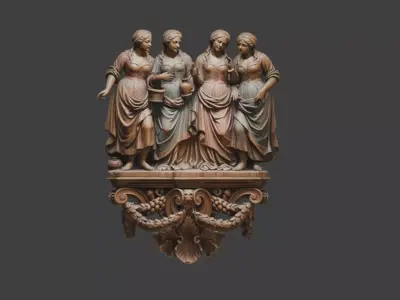 Four Maidens Wooden Relief Low-poly 3D model