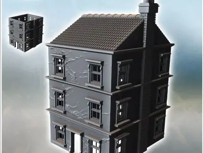Tiled-roof house with bay window on the ground floor and a large 3D print model