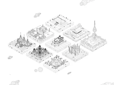 Cartoon Low Poly Asia Landmarks Pack Low-poly 3D model