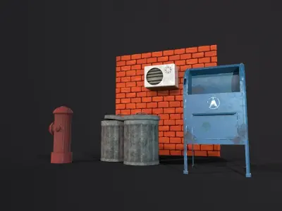 Stylized city street props trash can post box hydrant asset  Low-poly 3D model
