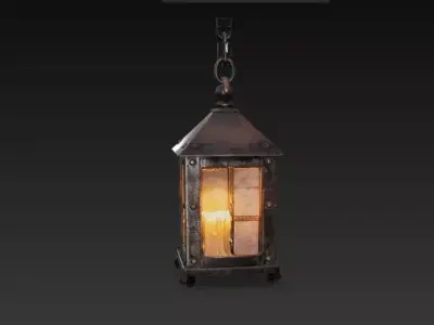 Medieval Hanging Lantern with Candle - Rustic Iron Vintage Light Low-poly 3D model