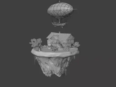 Floating Island with Steampunk Airship  3D model