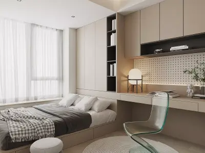 Light Wood Compact Bedroom-Study 3D Model 3D model