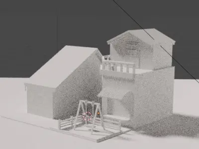 Little cafe and city WHITE TEXTURE Low-poly 3D model