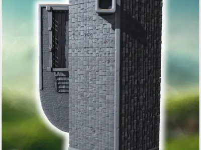 Two-story wooden house with a balcony intact windows and a stone 3D print model