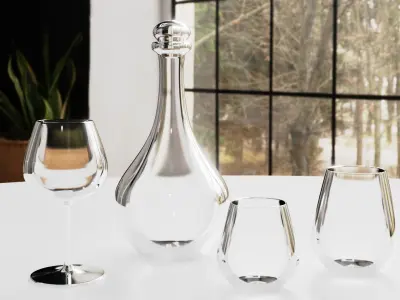 Glass Set wine glasses and decanter on table 3D model