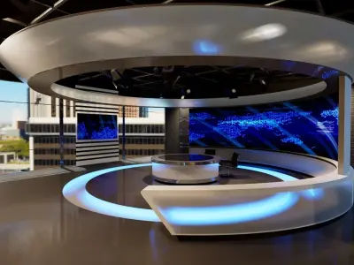 Virtual set television studio with lighting and circular table Low-poly 3D model