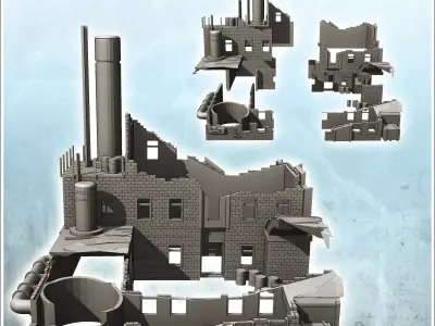 Modern brick factory with large chimney and access arch destroye 3D print model