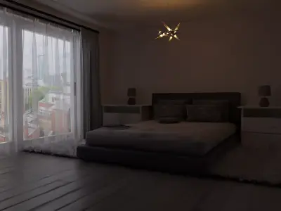 Bedroom with bed and city Free 3D model