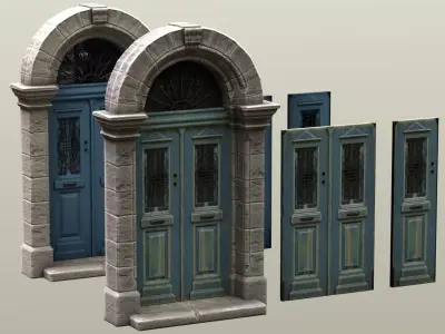 Entrance Double Door Concrete Frame Window Low-poly 3D model